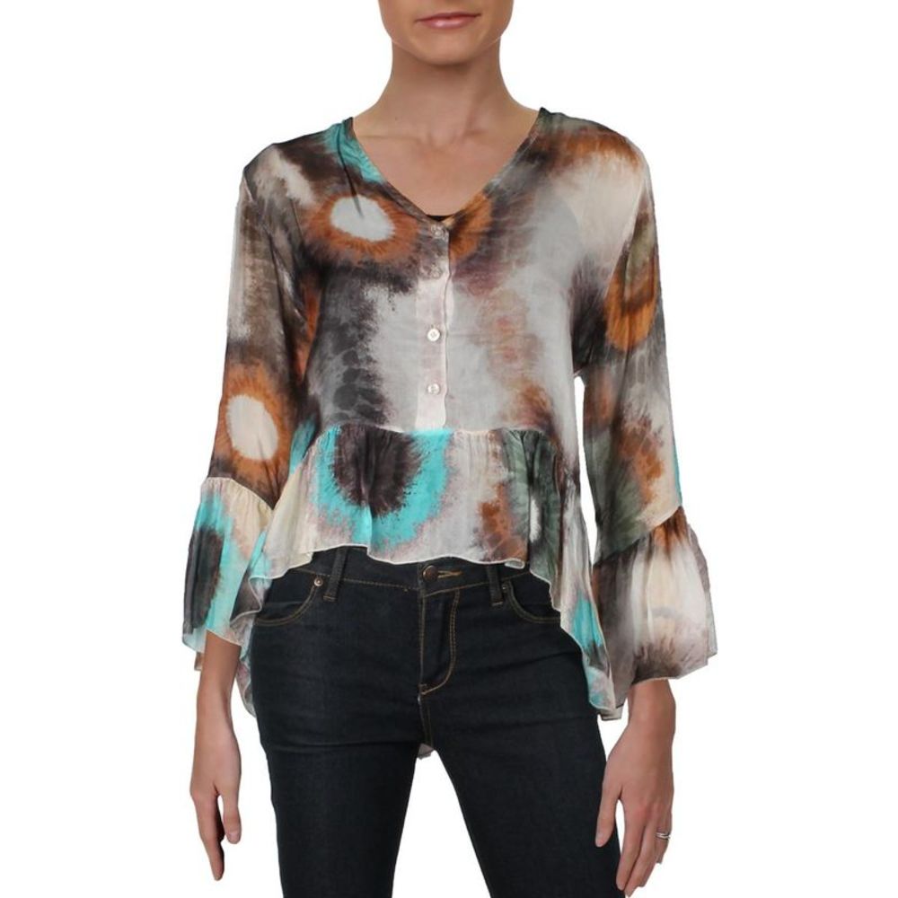 Lola Womens Gray Chiffon Printed Bell Sleeves Blouse Top Imperfections